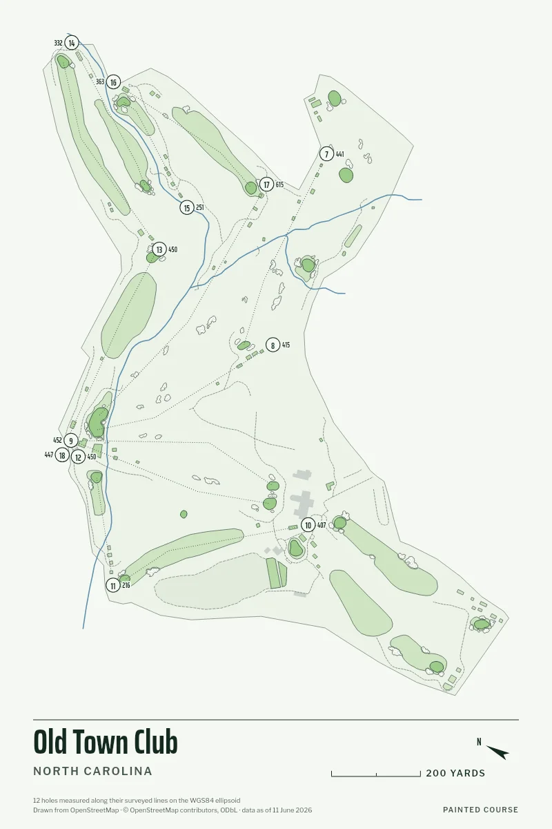 Old Town Club, North Carolina, USA, drawn in the Yardage style from its OpenStreetMap survey: 12 holes, each numbered at its tee with its measured yards beside it.