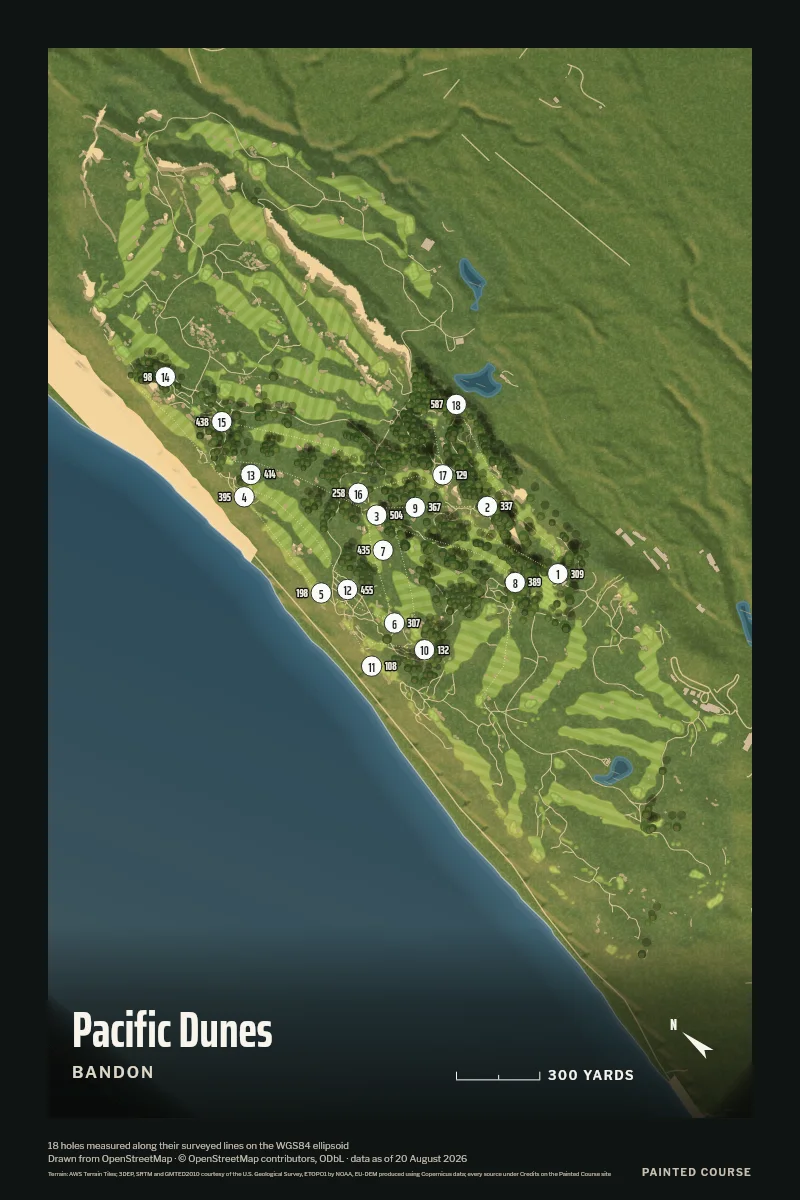 Pacific Dunes, Bandon, Oregon, USA, drawn in the Aerial style from its OpenStreetMap survey: 18 holes, each numbered at its tee with its measured yards beside it.