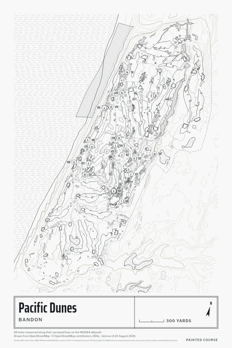 Pacific Dunes, Bandon, Oregon, USA, drawn in the Architect style from its OpenStreetMap survey: 18 holes, each numbered at its tee with its measured yards beside it.