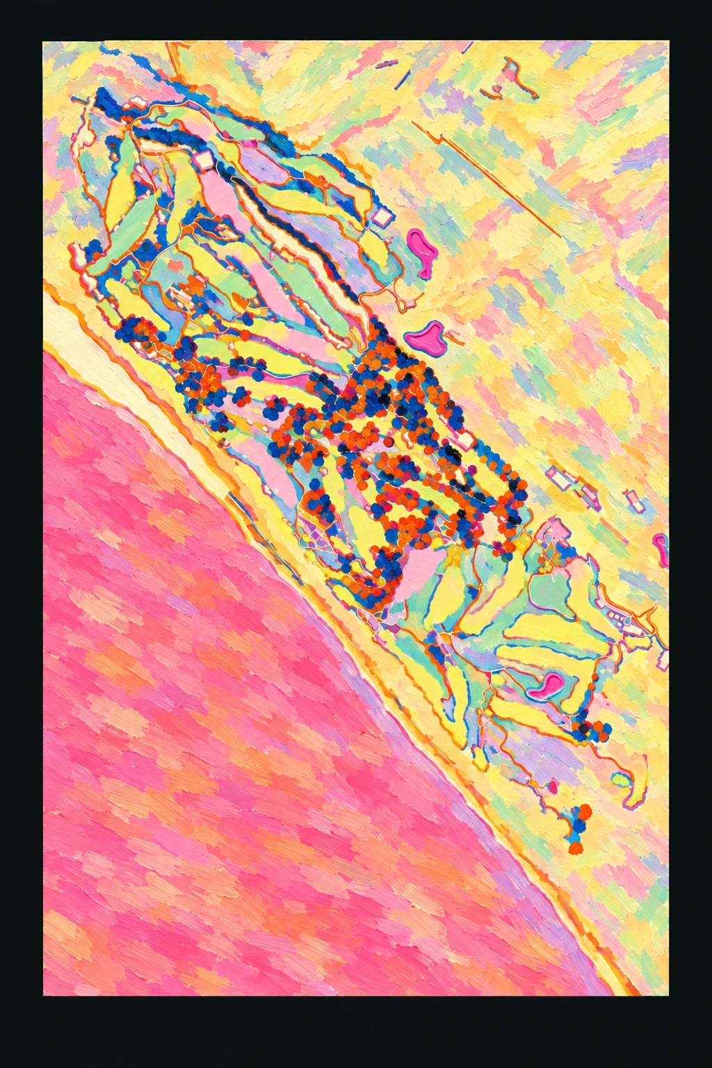 Pacific Dunes, Bandon, Oregon, USA, seen from above and painted in the Fauve manner after the Fauves of 1905: the routing of its 18 holes, its greens and its bunkers, in paint.