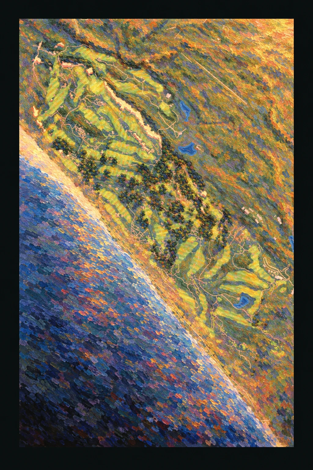Pacific Dunes, Bandon, Oregon, USA, seen from above and painted in the Impressionist manner after Claude Monet: the routing of its 18 holes, its greens and its bunkers, in paint.