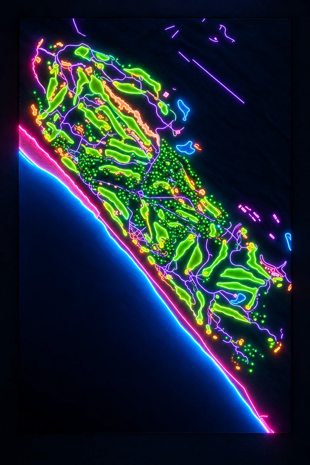 Pacific Dunes, Bandon, Oregon, USA, seen from above and painted in the Neon manner: the routing of its 18 holes, its greens and its bunkers, in paint.