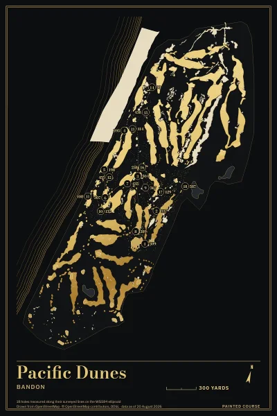 Pacific Dunes, Bandon, Oregon, USA, drawn in the Gilt style from its OpenStreetMap survey: 18 holes, each numbered at its tee with its measured yards beside it.