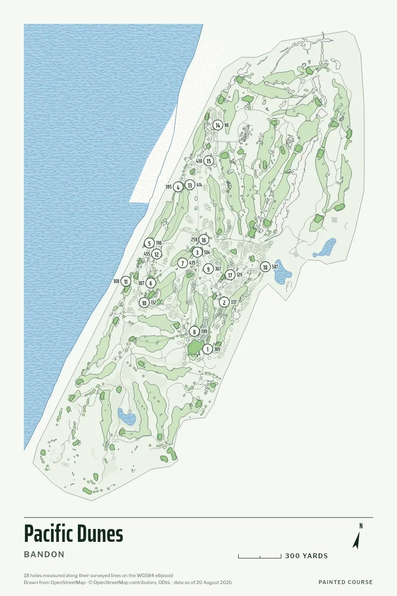 Pacific Dunes, Bandon, Oregon, USA, drawn in the Yardage style from its OpenStreetMap survey: 18 holes, each numbered at its tee with its measured yards beside it.