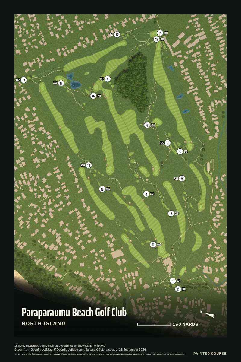 Paraparaumu Beach Golf Club, North Island, New Zealand, drawn in the Aerial style from its OpenStreetMap survey: 18 holes, each numbered at its tee with its measured yards beside it.