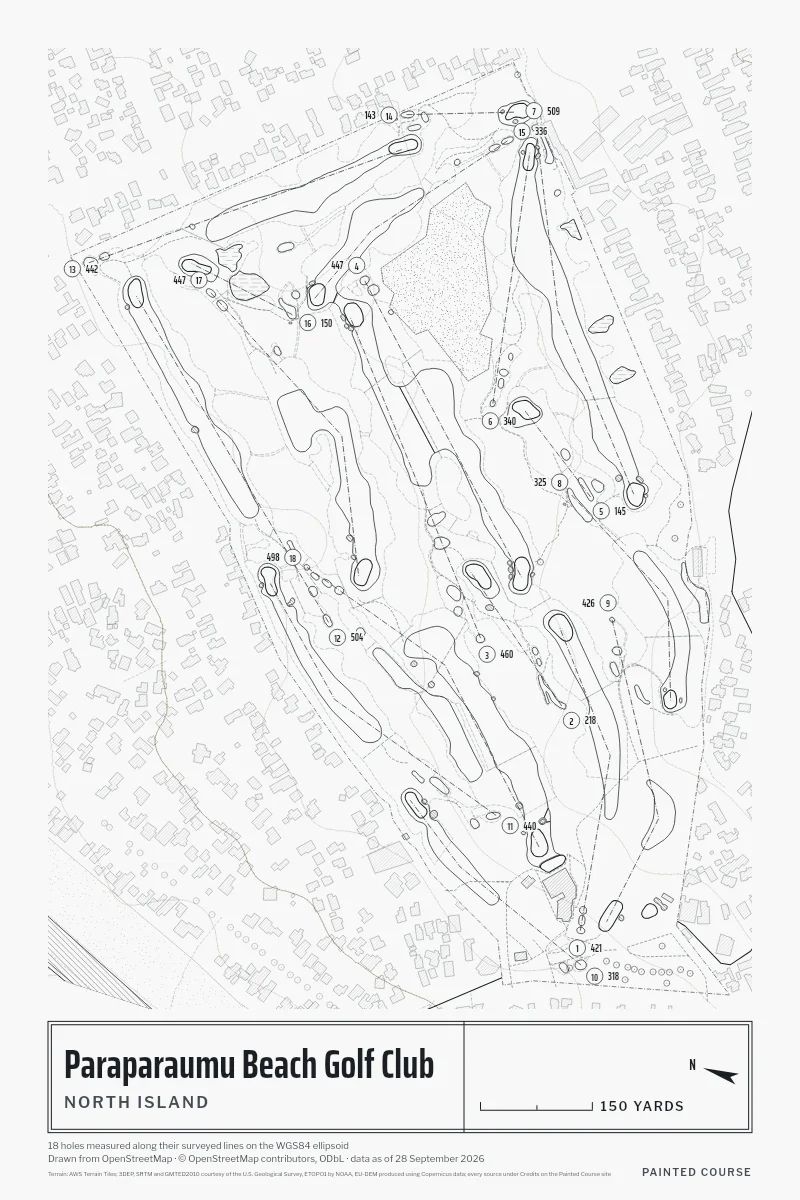Paraparaumu Beach Golf Club, North Island, New Zealand, drawn in the Architect style from its OpenStreetMap survey: 18 holes, each numbered at its tee with its measured yards beside it.