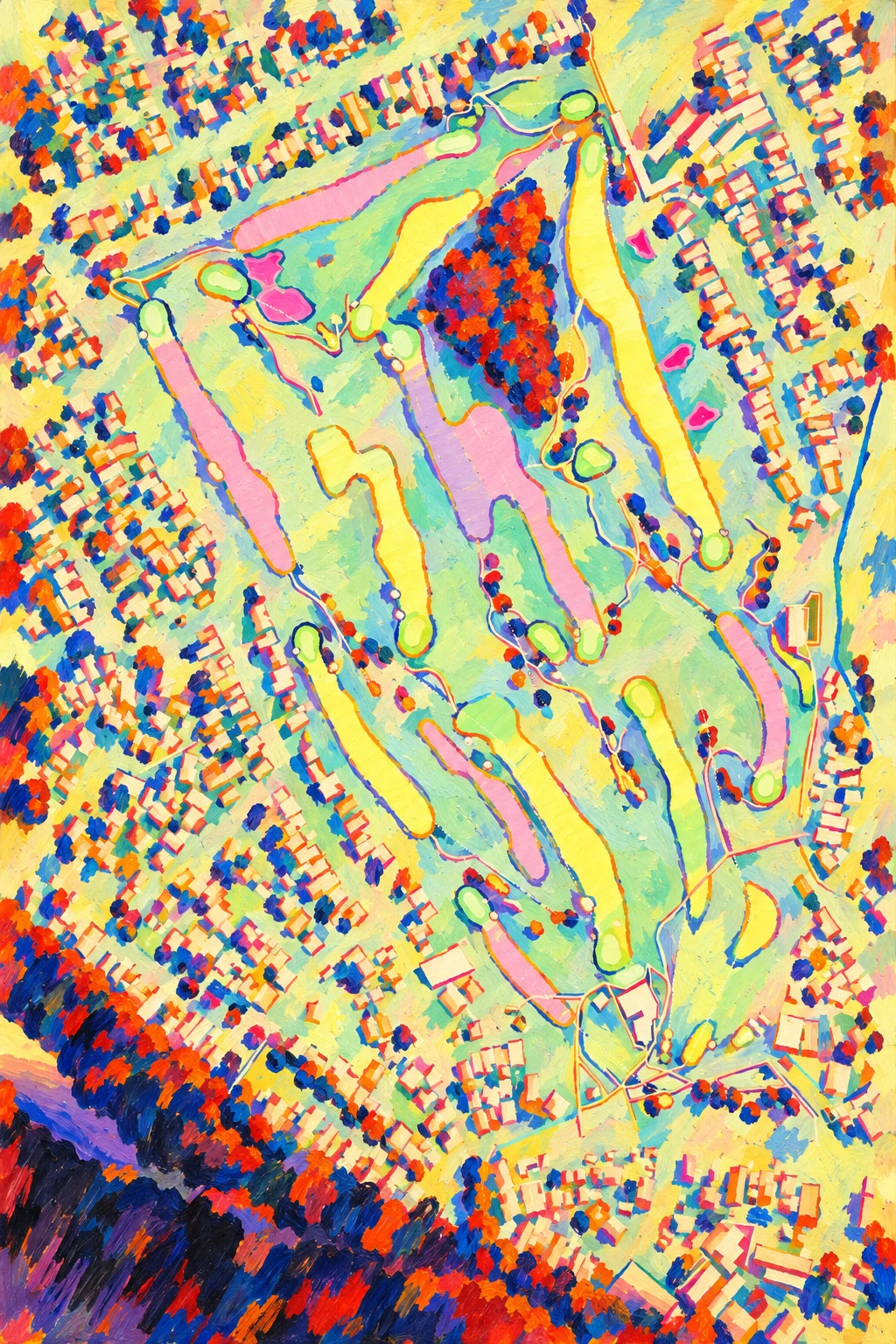 Paraparaumu Beach Golf Club, North Island, New Zealand, seen from above and painted in the Fauve manner after the Fauves of 1905: the routing of its 18 holes, its greens and its bunkers, in paint.