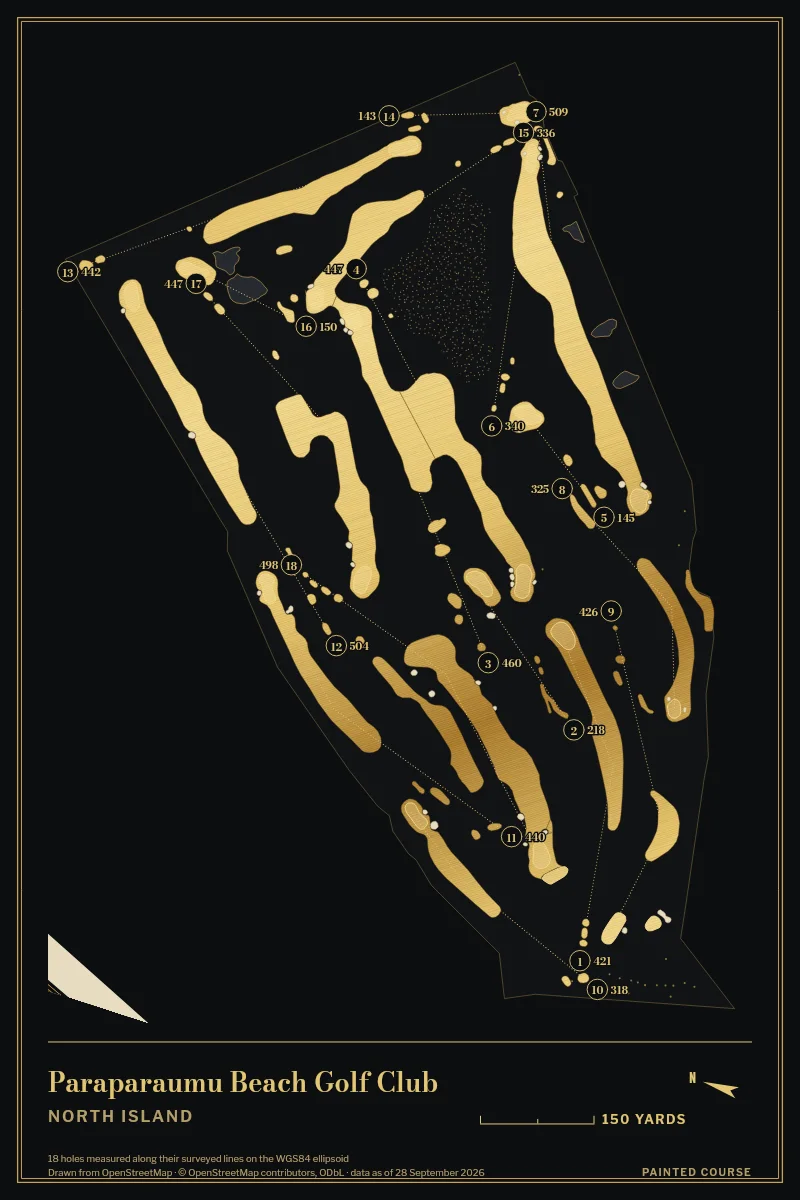 Paraparaumu Beach Golf Club, North Island, New Zealand, drawn in the Gilt style from its OpenStreetMap survey: 18 holes, each numbered at its tee with its measured yards beside it.