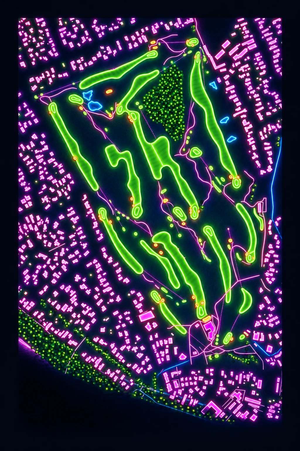 Paraparaumu Beach Golf Club, North Island, New Zealand, seen from above and painted in the Neon manner: the routing of its 18 holes, its greens and its bunkers, in paint.