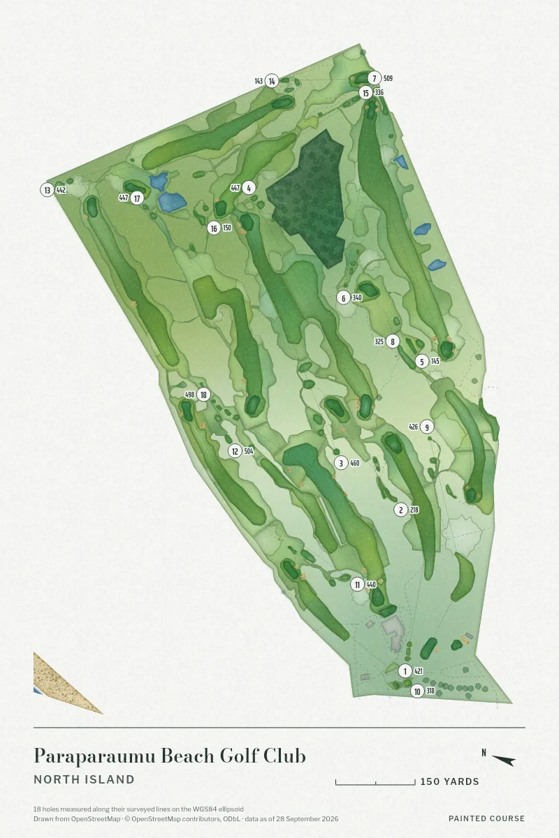Paraparaumu Beach Golf Club, North Island, New Zealand, drawn in the Watercolour style from its OpenStreetMap survey: 18 holes, each numbered at its tee with its measured yards beside it.