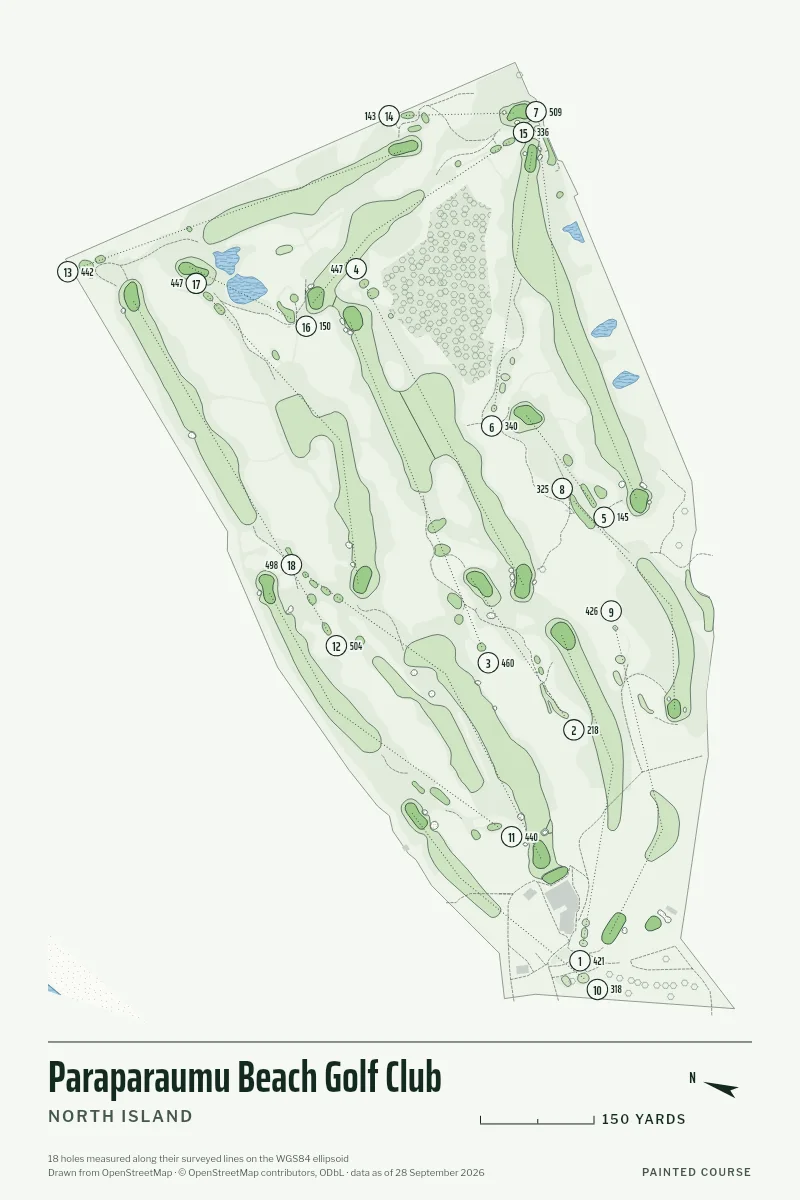 Paraparaumu Beach Golf Club, North Island, New Zealand, drawn in the Yardage style from its OpenStreetMap survey: 18 holes, each numbered at its tee with its measured yards beside it.