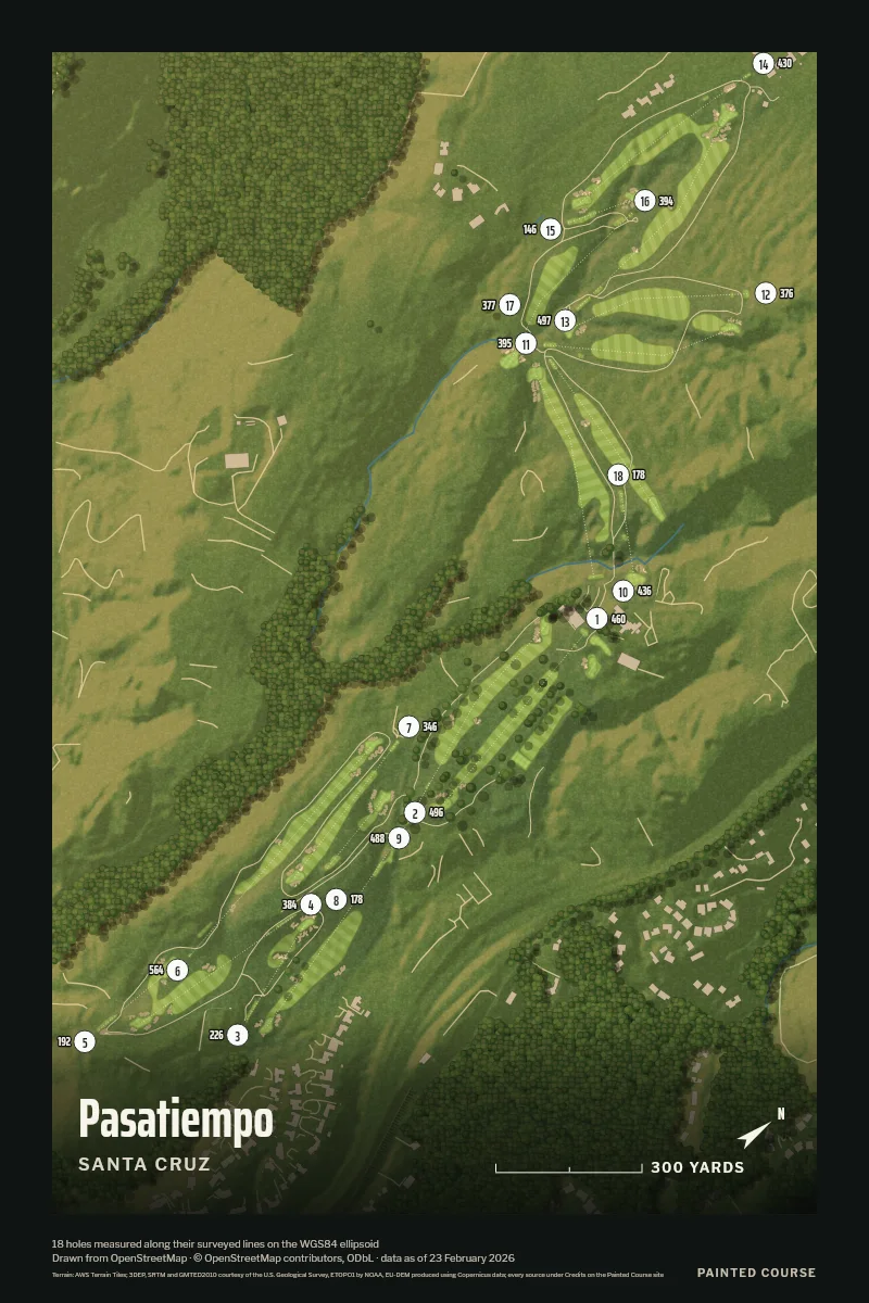 Pasatiempo, Santa Cruz, California, USA, drawn in the Aerial style from its OpenStreetMap survey: 18 holes, each numbered at its tee with its measured yards beside it.