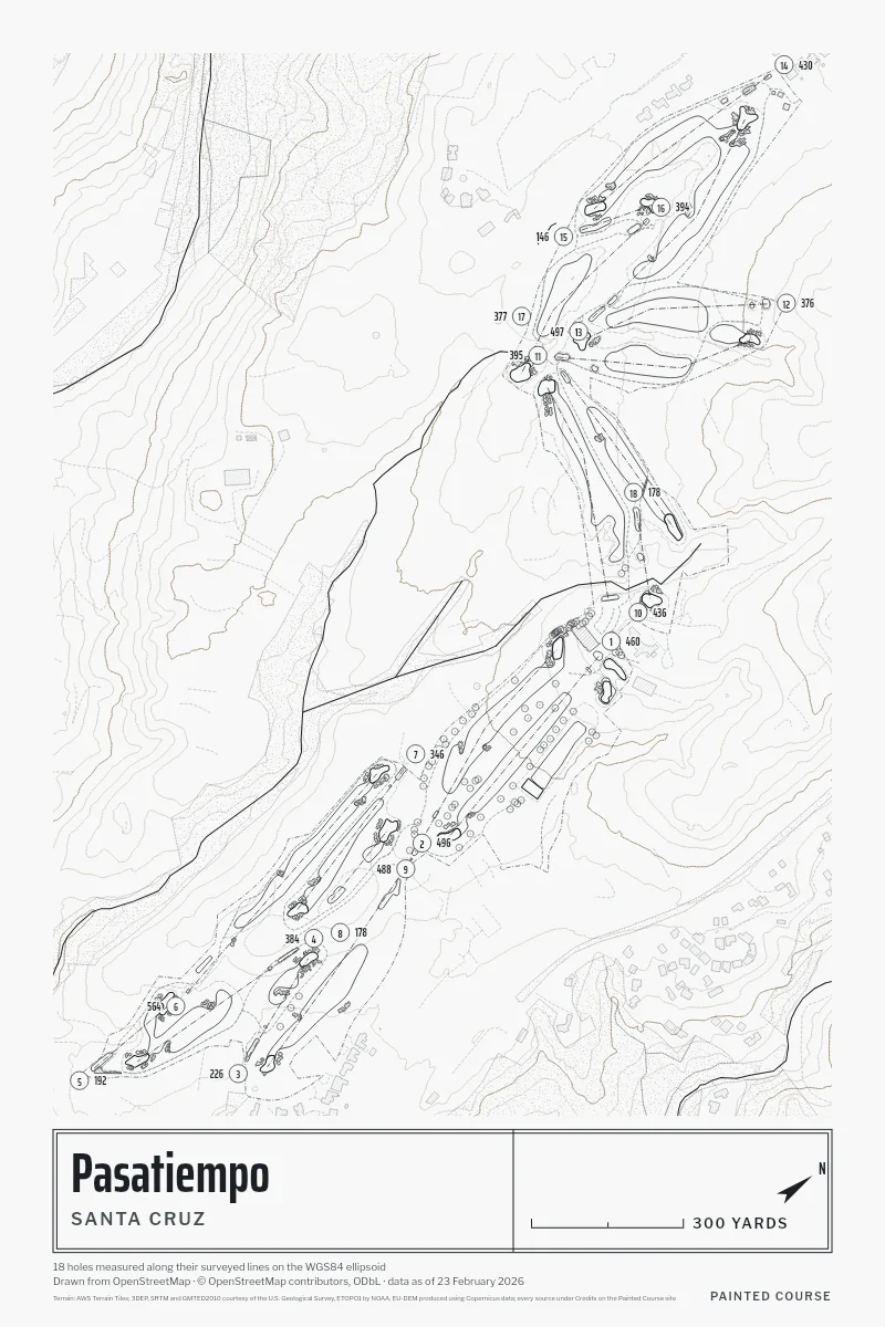 Pasatiempo, Santa Cruz, California, USA, drawn in the Architect style from its OpenStreetMap survey: 18 holes, each numbered at its tee with its measured yards beside it.