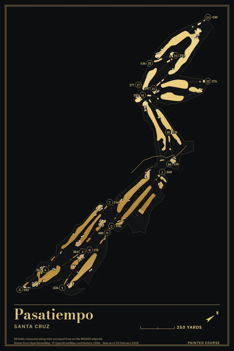 Pasatiempo, Santa Cruz, California, USA, drawn in the Gilt style from its OpenStreetMap survey: 18 holes, each numbered at its tee with its measured yards beside it.