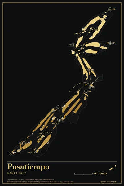 Pasatiempo, Santa Cruz, California, USA, drawn in the Gilt style from its OpenStreetMap survey: 18 holes, each numbered at its tee with its measured yards beside it.
