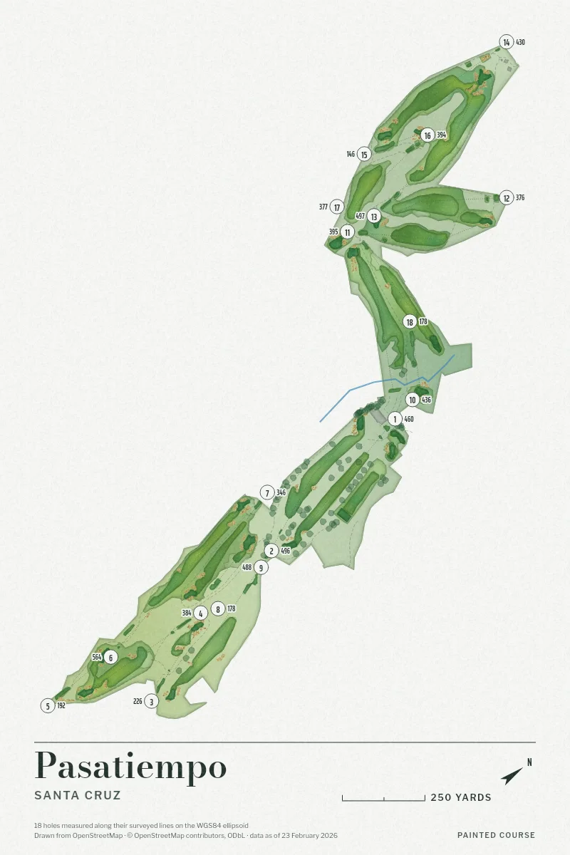 Pasatiempo, Santa Cruz, California, USA, drawn in the Watercolour style from its OpenStreetMap survey: 18 holes, each numbered at its tee with its measured yards beside it.