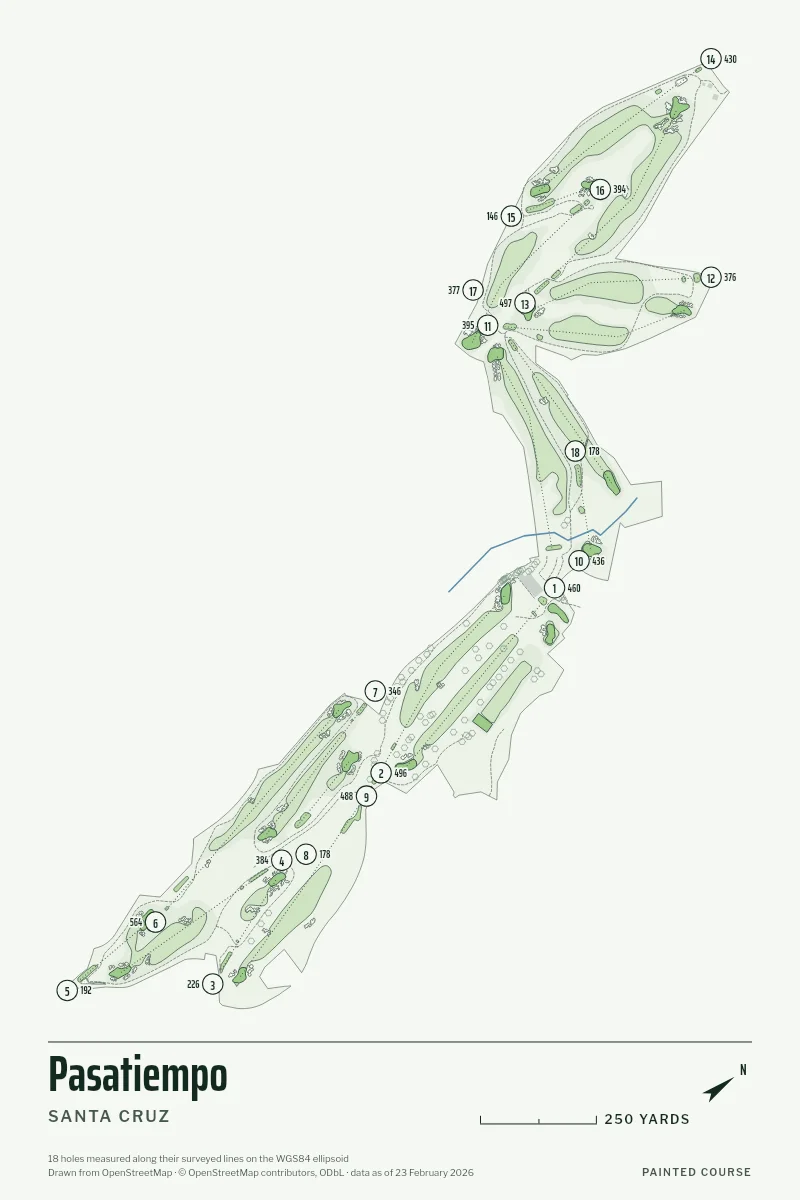 Pasatiempo, Santa Cruz, California, USA, drawn in the Yardage style from its OpenStreetMap survey: 18 holes, each numbered at its tee with its measured yards beside it.