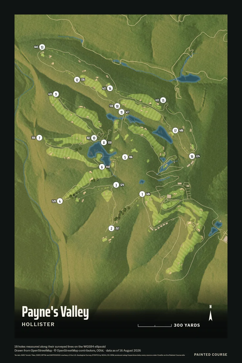 Payne's Valley, Hollister, Missouri, USA, drawn in the Aerial style from its OpenStreetMap survey: 18 holes, each numbered at its tee with its measured yards beside it.