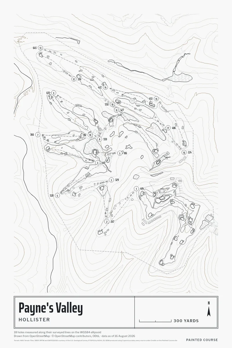 Payne's Valley, Hollister, Missouri, USA, drawn in the Architect style from its OpenStreetMap survey: 18 holes, each numbered at its tee with its measured yards beside it.