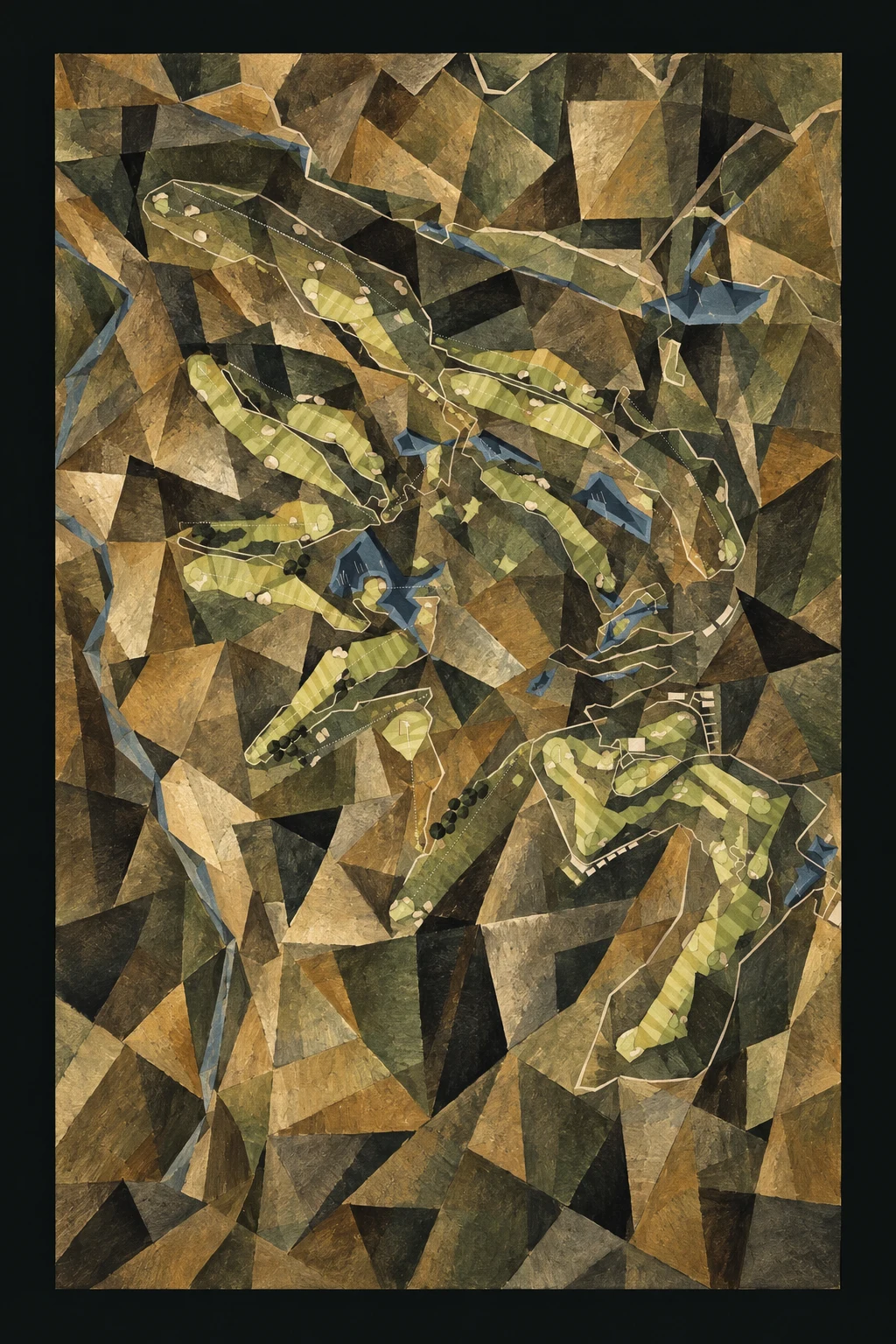Payne's Valley, Hollister, Missouri, USA, seen from above and painted in the Cubist manner after Picasso and Braque: the routing of its 18 holes, its greens and its bunkers, in paint.