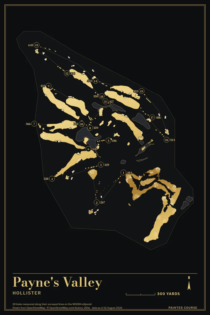 Payne's Valley, Hollister, Missouri, USA, drawn in the Gilt style from its OpenStreetMap survey: 18 holes, each numbered at its tee with its measured yards beside it.