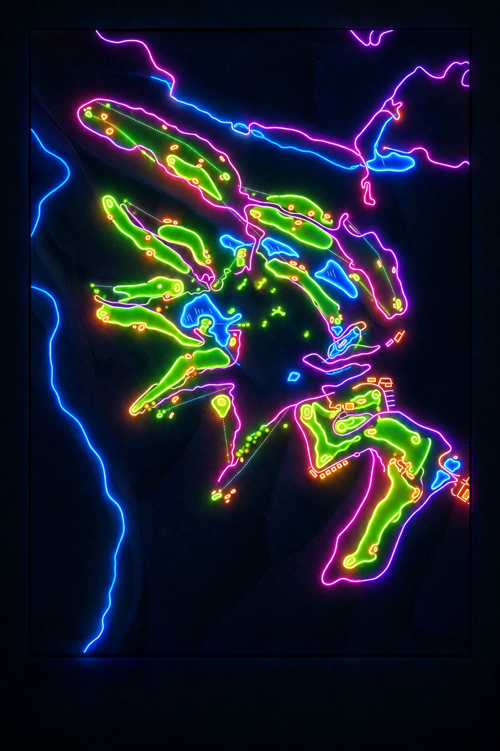 Payne's Valley, Hollister, Missouri, USA, seen from above and painted in the Neon manner: the routing of its 18 holes, its greens and its bunkers, in paint.