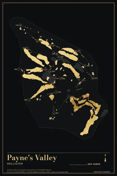Payne's Valley, Hollister, Missouri, USA, drawn in the Gilt style from its OpenStreetMap survey: 18 holes, each numbered at its tee with its measured yards beside it.