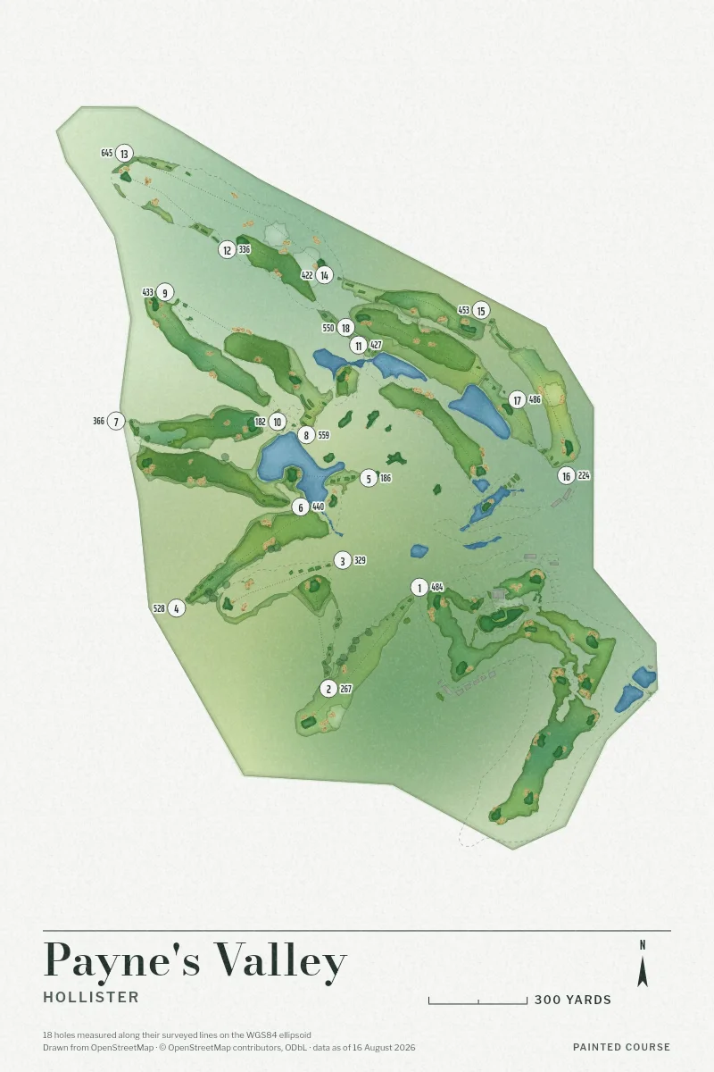 Payne's Valley, Hollister, Missouri, USA, drawn in the Watercolour style from its OpenStreetMap survey: 18 holes, each numbered at its tee with its measured yards beside it.