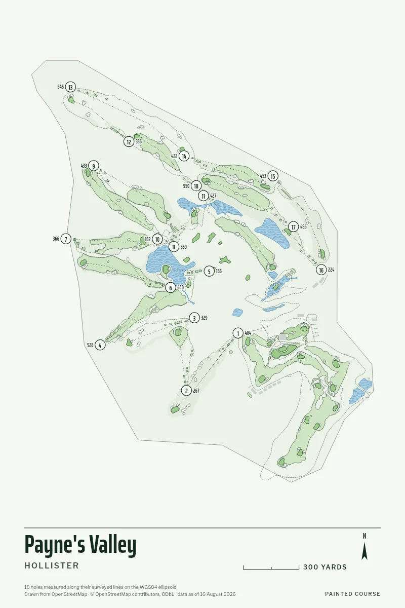Payne's Valley, Hollister, Missouri, USA, drawn in the Yardage style from its OpenStreetMap survey: 18 holes, each numbered at its tee with its measured yards beside it.