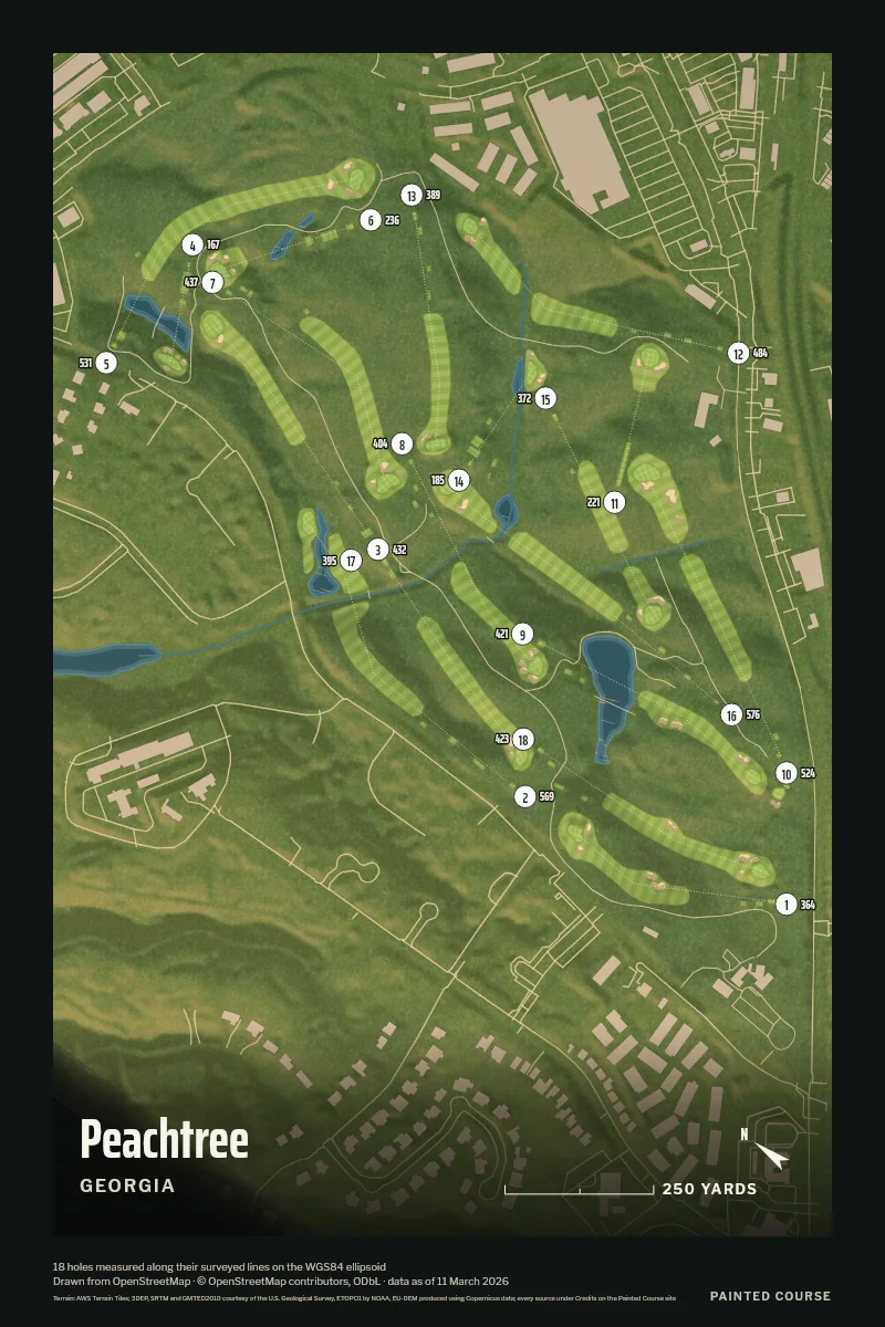Peachtree, Georgia, USA, drawn in the Aerial style from its OpenStreetMap survey: 18 holes, each numbered at its tee with its measured yards beside it.