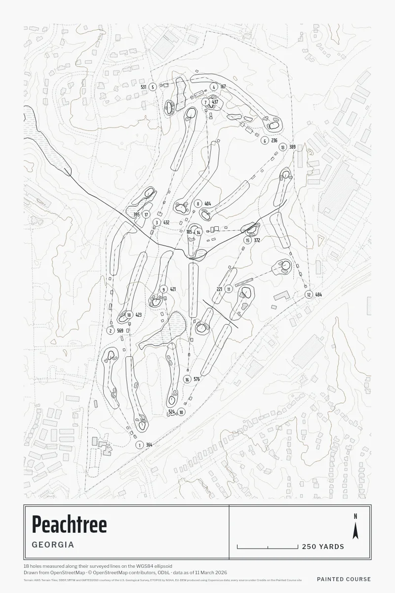 Peachtree, Georgia, USA, drawn in the Architect style from its OpenStreetMap survey: 18 holes, each numbered at its tee with its measured yards beside it.
