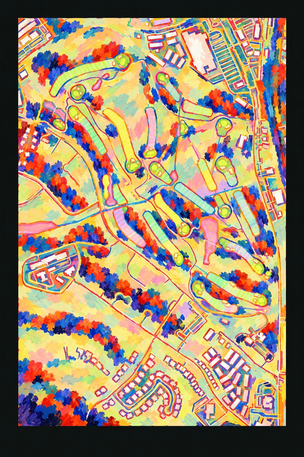 Peachtree, Georgia, USA, seen from above and painted in the Fauve manner after the Fauves of 1905: the routing of its 18 holes, its greens and its bunkers, in paint.