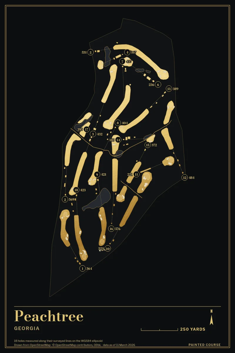 Peachtree, Georgia, USA, drawn in the Gilt style from its OpenStreetMap survey: 18 holes, each numbered at its tee with its measured yards beside it.
