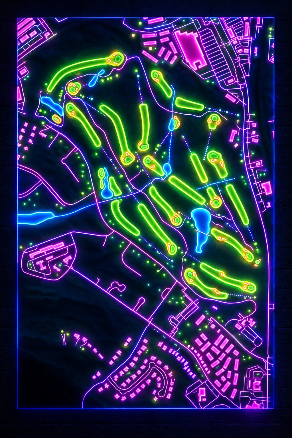 Peachtree, Georgia, USA, seen from above and painted in the Neon manner: the routing of its 18 holes, its greens and its bunkers, in paint.