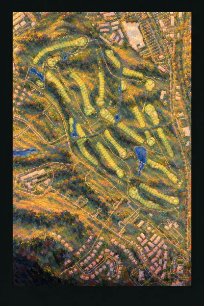Peachtree, Georgia, USA, drawn in the Gilt style from its OpenStreetMap survey: 18 holes, each numbered at its tee with its measured yards beside it.