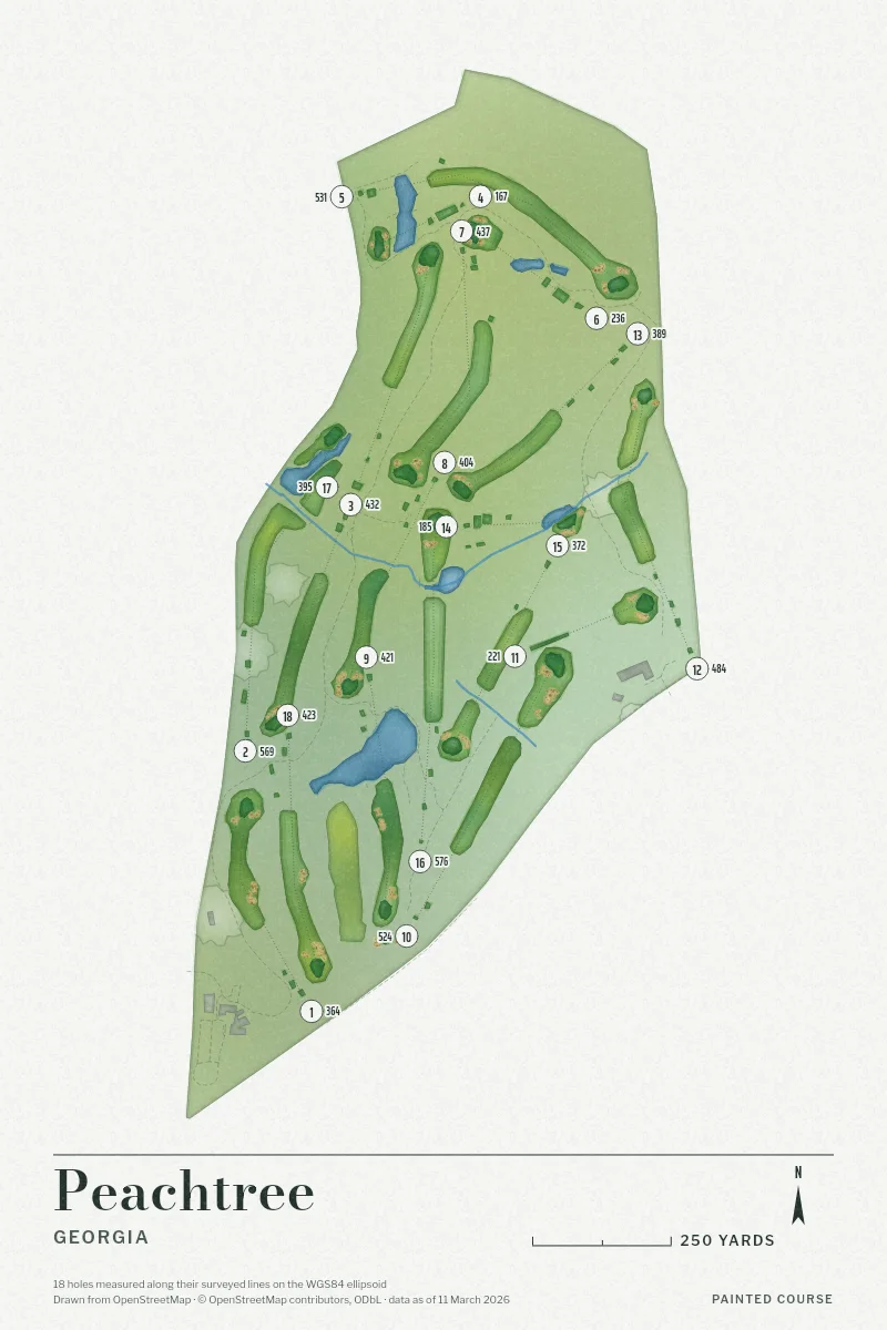 Peachtree, Georgia, USA, drawn in the Watercolour style from its OpenStreetMap survey: 18 holes, each numbered at its tee with its measured yards beside it.