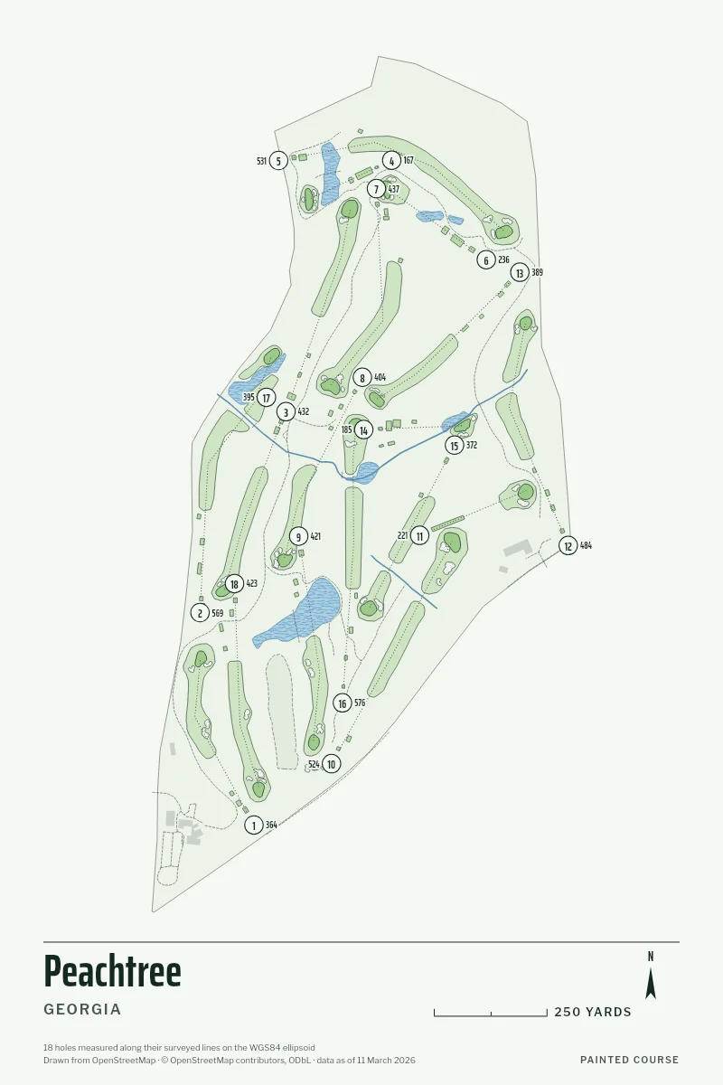 Peachtree, Georgia, USA, drawn in the Yardage style from its OpenStreetMap survey: 18 holes, each numbered at its tee with its measured yards beside it.