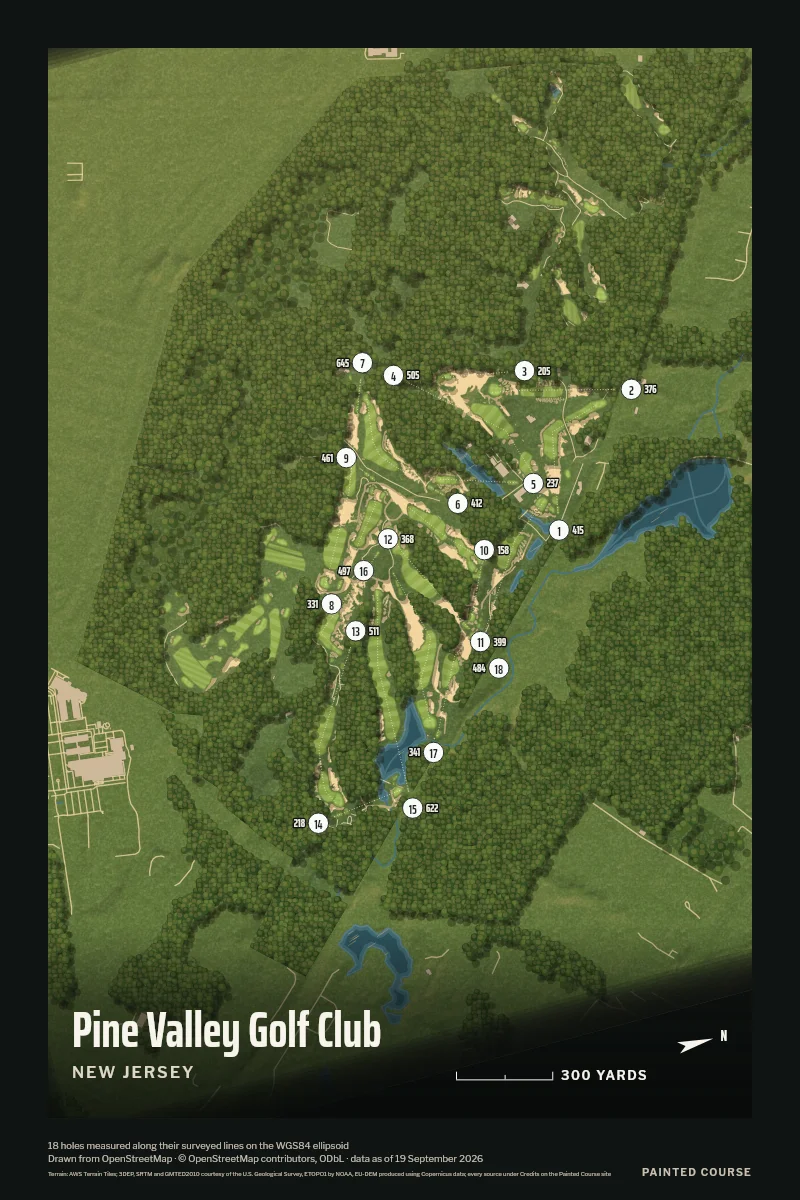 Pine Valley Golf Club, New Jersey, USA, drawn in the Aerial style from its OpenStreetMap survey: 18 holes, each numbered at its tee with its measured yards beside it.