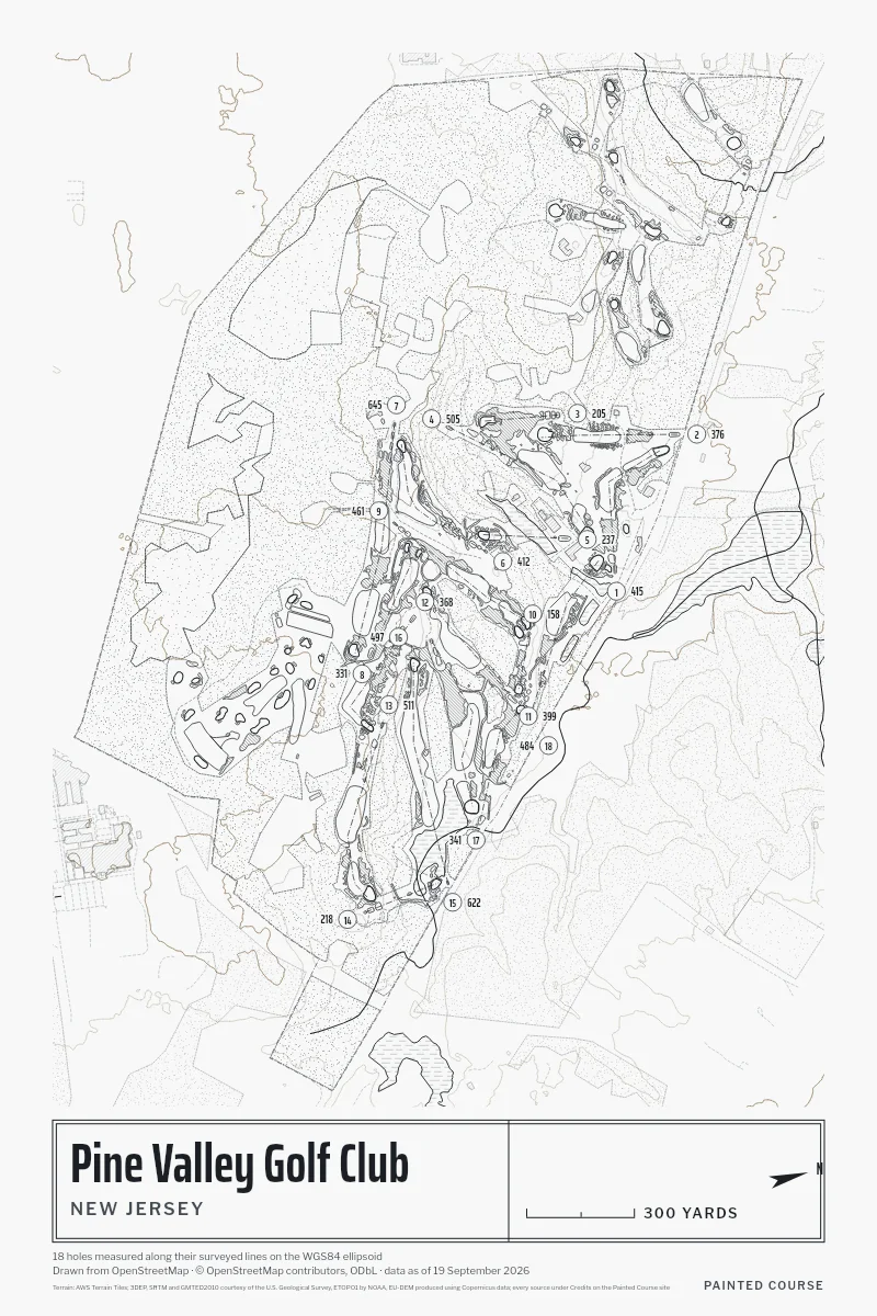 Pine Valley Golf Club, New Jersey, USA, drawn in the Architect style from its OpenStreetMap survey: 18 holes, each numbered at its tee with its measured yards beside it.