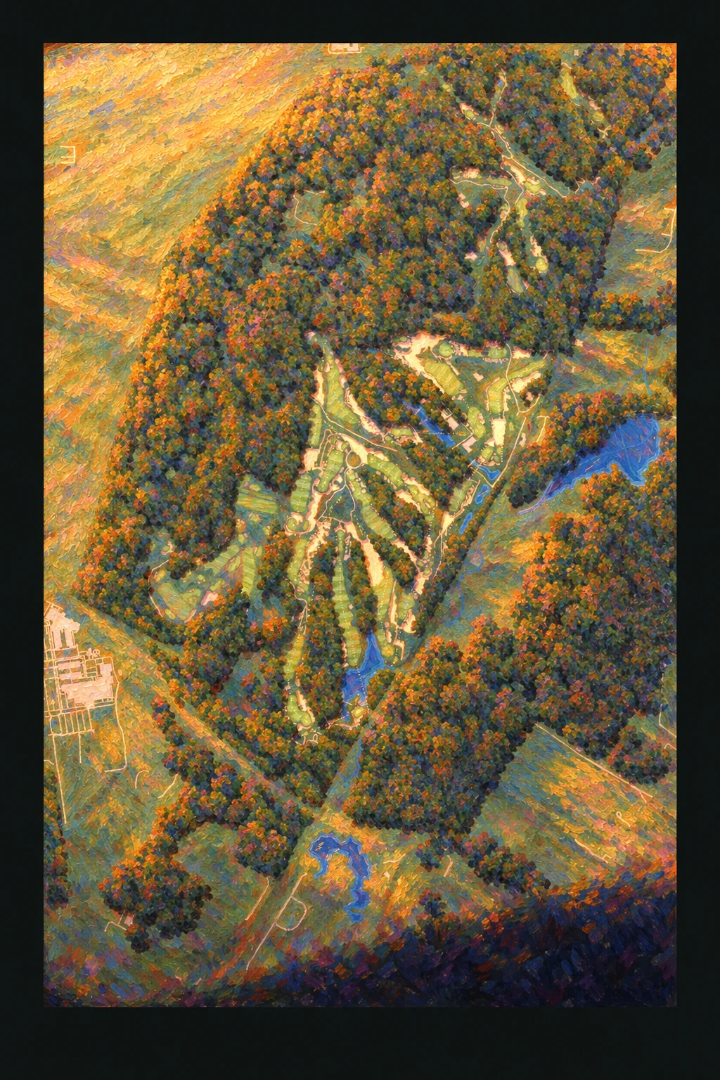 Pine Valley Golf Club, New Jersey, USA, seen from above and painted in the Impressionist manner after Claude Monet: the routing of its 18 holes, its greens and its bunkers, in paint.