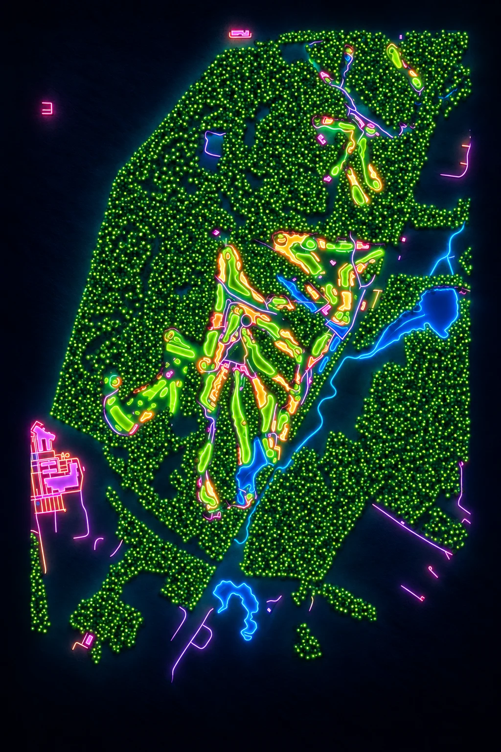 Pine Valley Golf Club, New Jersey, USA, seen from above and painted in the Neon manner: the routing of its 18 holes, its greens and its bunkers, in paint.