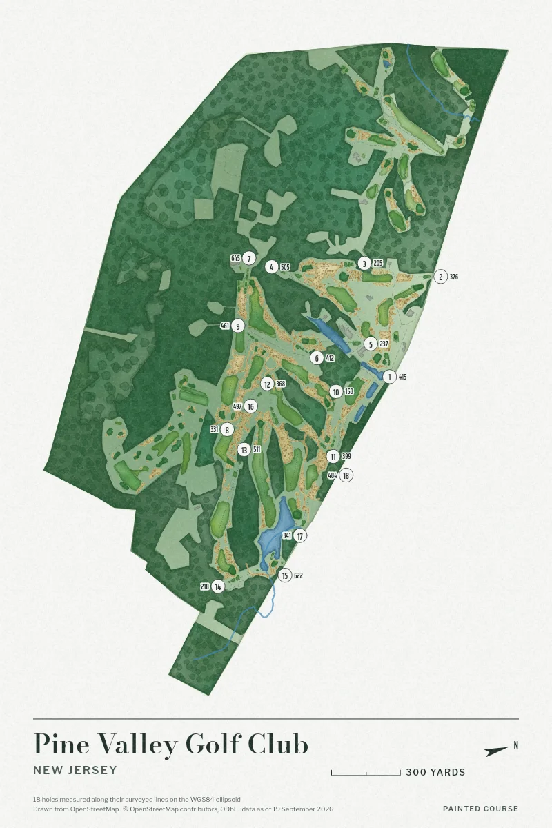 Pine Valley Golf Club, New Jersey, USA, drawn in the Watercolour style from its OpenStreetMap survey: 18 holes, each numbered at its tee with its measured yards beside it.