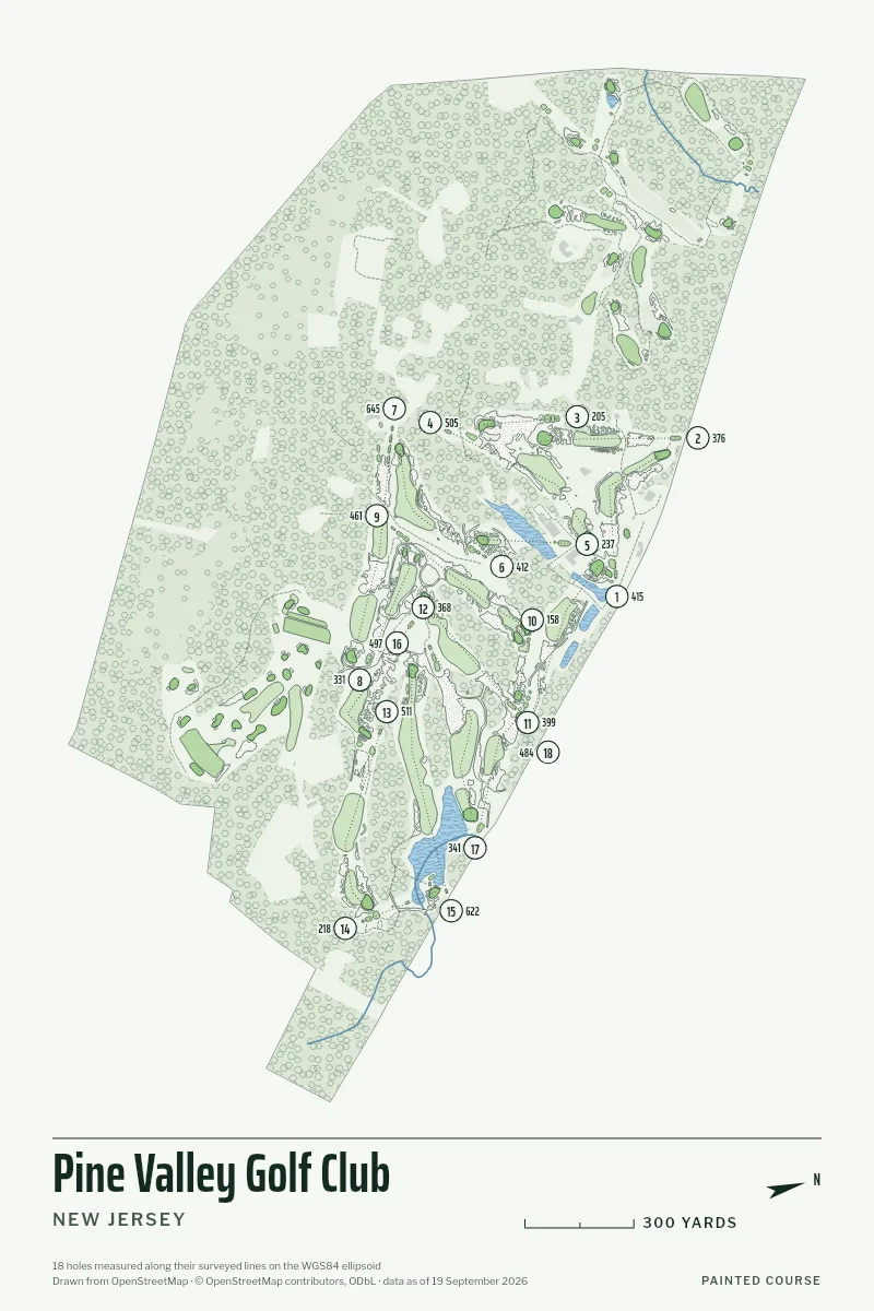 Pine Valley Golf Club, New Jersey, USA, drawn in the Yardage style from its OpenStreetMap survey: 18 holes, each numbered at its tee with its measured yards beside it.