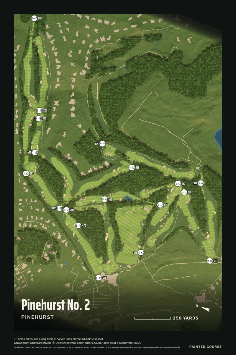 Pinehurst No. 2, Pinehurst, North Carolina, USA, drawn in the Aerial style from its OpenStreetMap survey: 18 holes, each numbered at its tee with its measured yards beside it.
