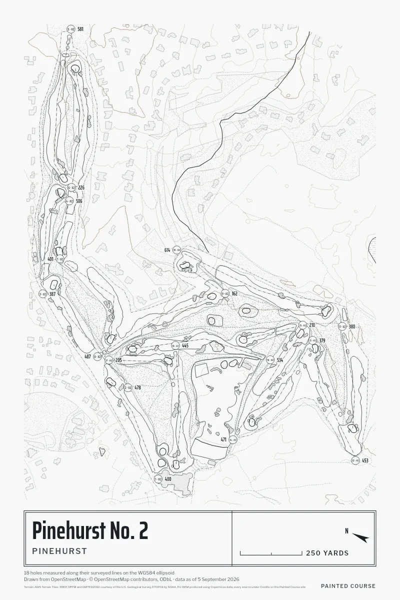 Pinehurst No. 2, Pinehurst, North Carolina, USA, drawn in the Architect style from its OpenStreetMap survey: 18 holes, each numbered at its tee with its measured yards beside it.