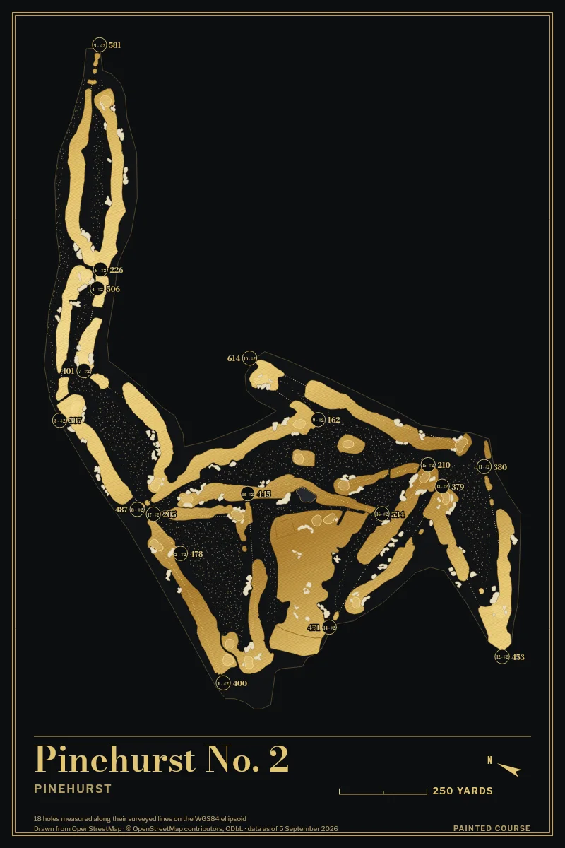 Pinehurst No. 2, Pinehurst, North Carolina, USA, drawn in the Gilt style from its OpenStreetMap survey: 18 holes, each numbered at its tee with its measured yards beside it.