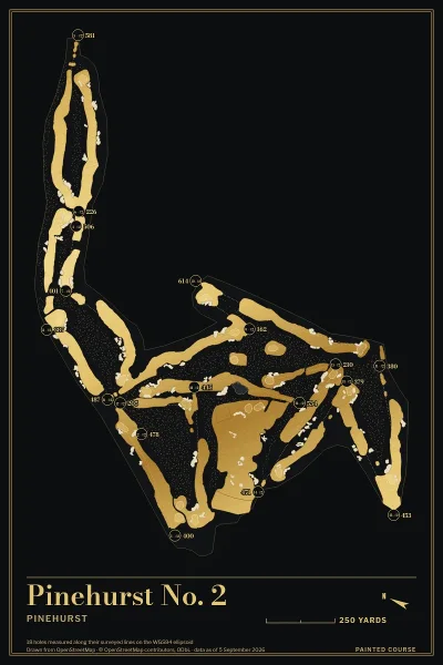 Pinehurst No. 2, Pinehurst, North Carolina, USA, drawn in the Gilt style from its OpenStreetMap survey: 18 holes, each numbered at its tee with its measured yards beside it.