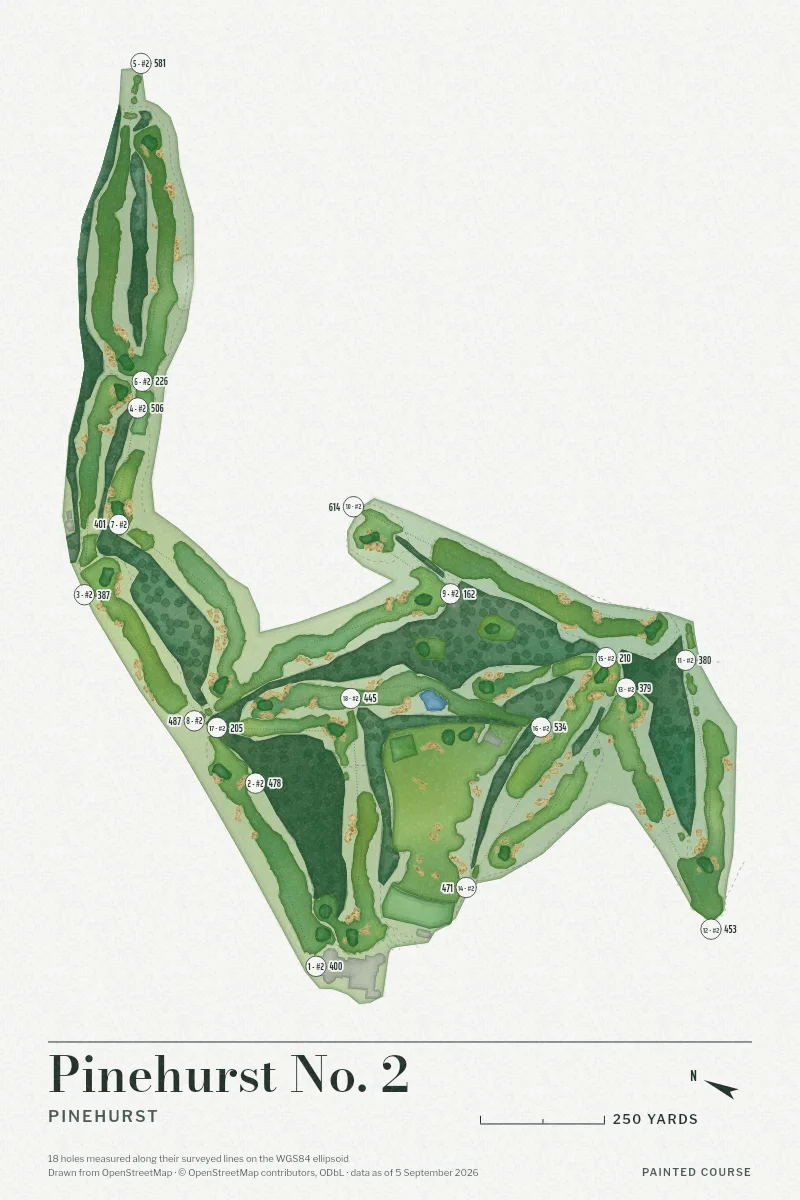 Pinehurst No. 2, Pinehurst, North Carolina, USA, drawn in the Watercolour style from its OpenStreetMap survey: 18 holes, each numbered at its tee with its measured yards beside it.
