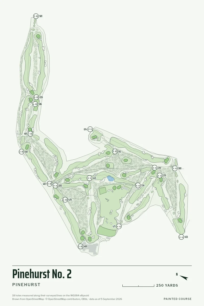 Pinehurst No. 2, Pinehurst, North Carolina, USA, drawn in the Yardage style from its OpenStreetMap survey: 18 holes, each numbered at its tee with its measured yards beside it.