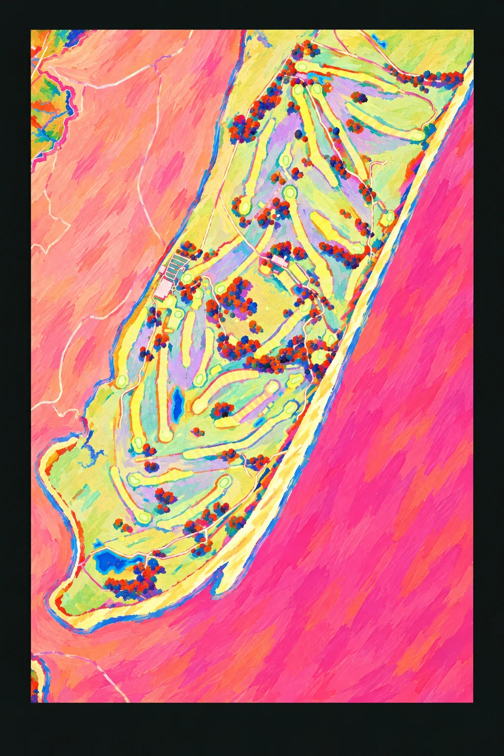 Portmarnock Golf Club (Championship), Dublin, Ireland, seen from above and painted in the Fauve manner after the Fauves of 1905: the routing of its 18 holes, its greens and its bunkers, in paint.